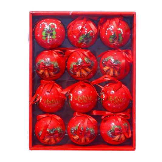 12 PCS 75Mm Full Print Christmas Tree Baubles - Bell Cane