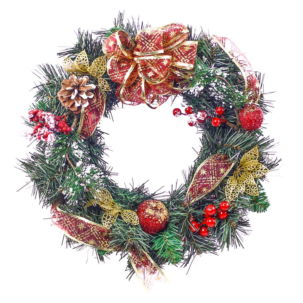 35 CM Christmas Wreath Elegant Ribbons Cones and Fruits - Wine Red