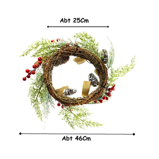 Christmas Wreath - 40cm Rattan Wreath Acorn Berries JuteBows Pine Needle Snow