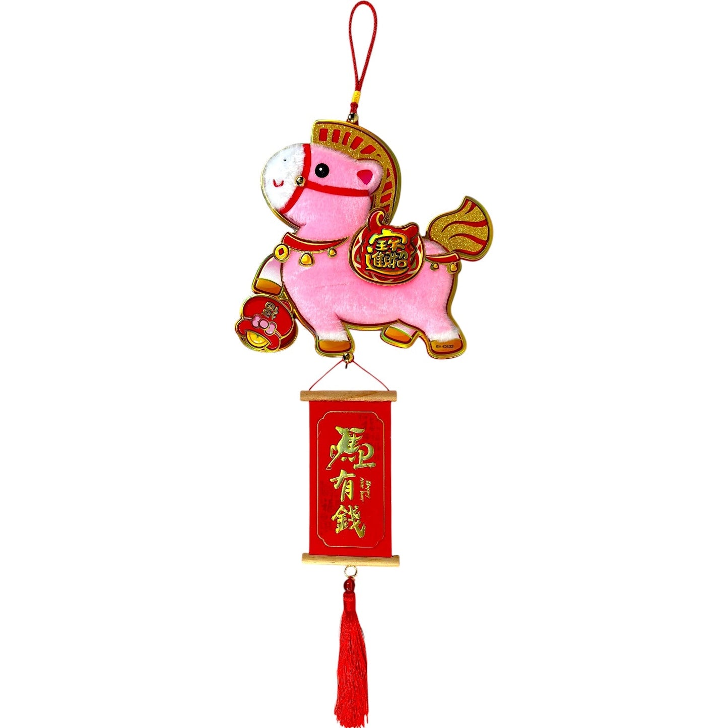Hanging Decoration - Furry Pink Horse with Scroll