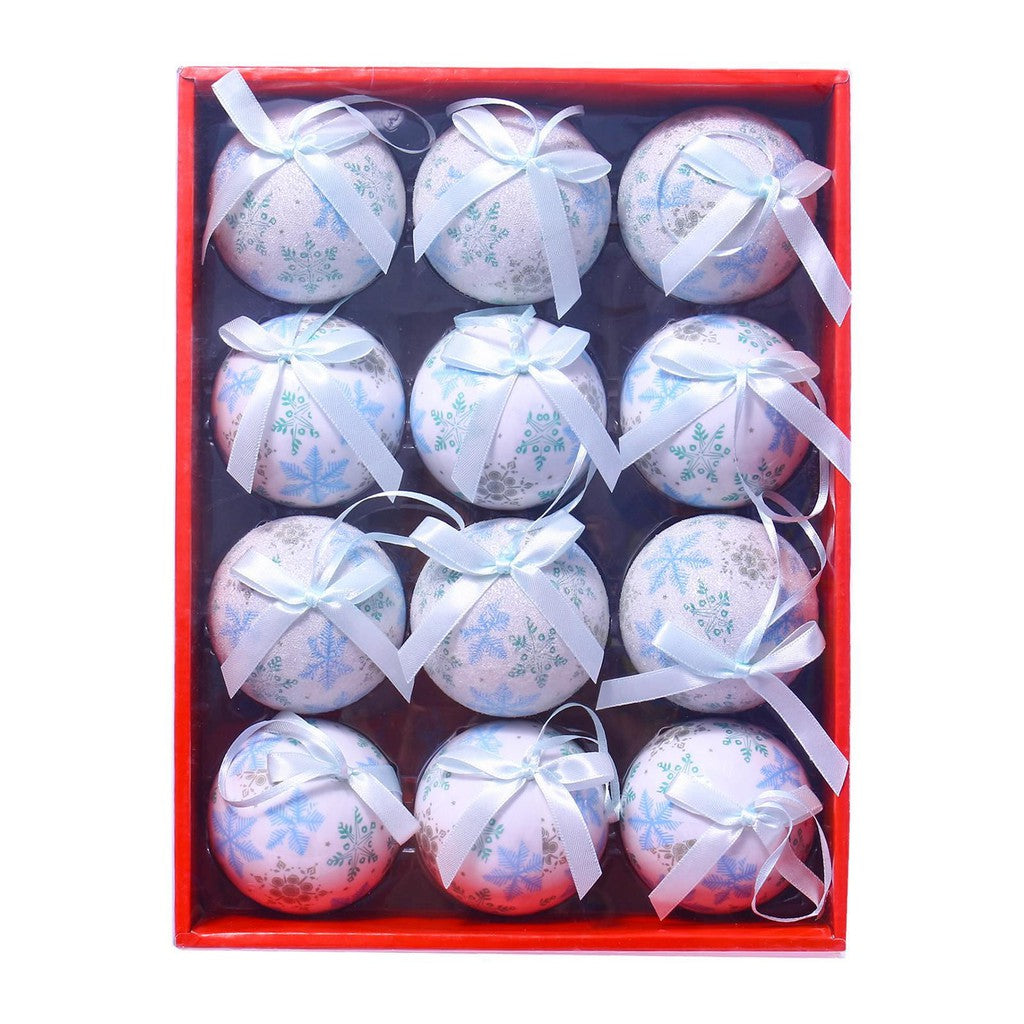 12 PCS 75Mm Full Print Christmas Tree Baubles - Blue Snowlake
