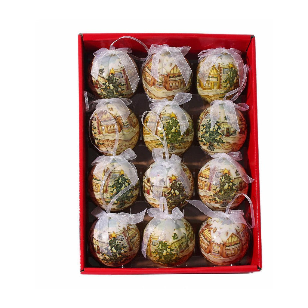 12 PCS 75Mm Full Print Christmas Tree Baubles - Cream Christmas Tree