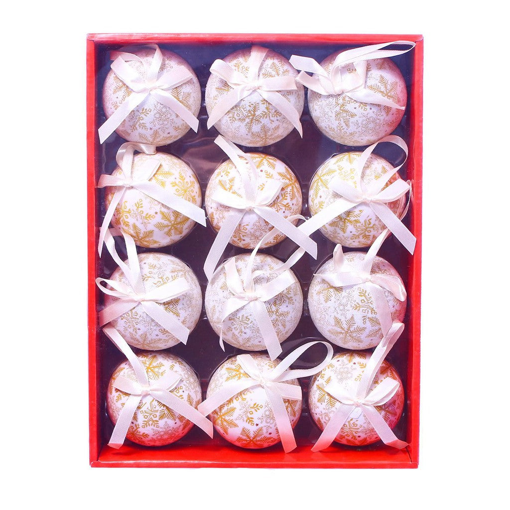 12 PCS 75Mm Full Print Christmas Tree Baubles - Gold Snowlake