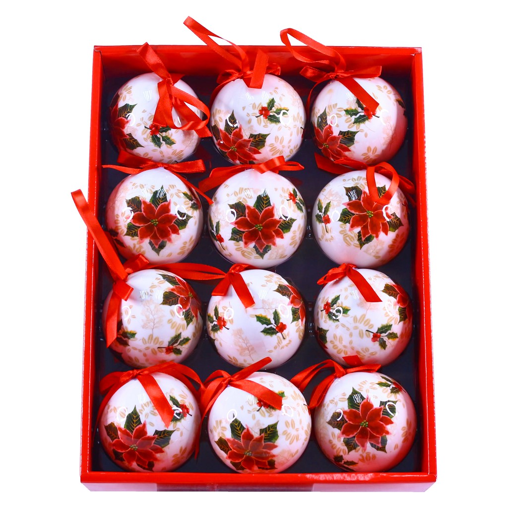 12 PCS 75Mm Full Print Christmas Tree Baubles - Poinsettia