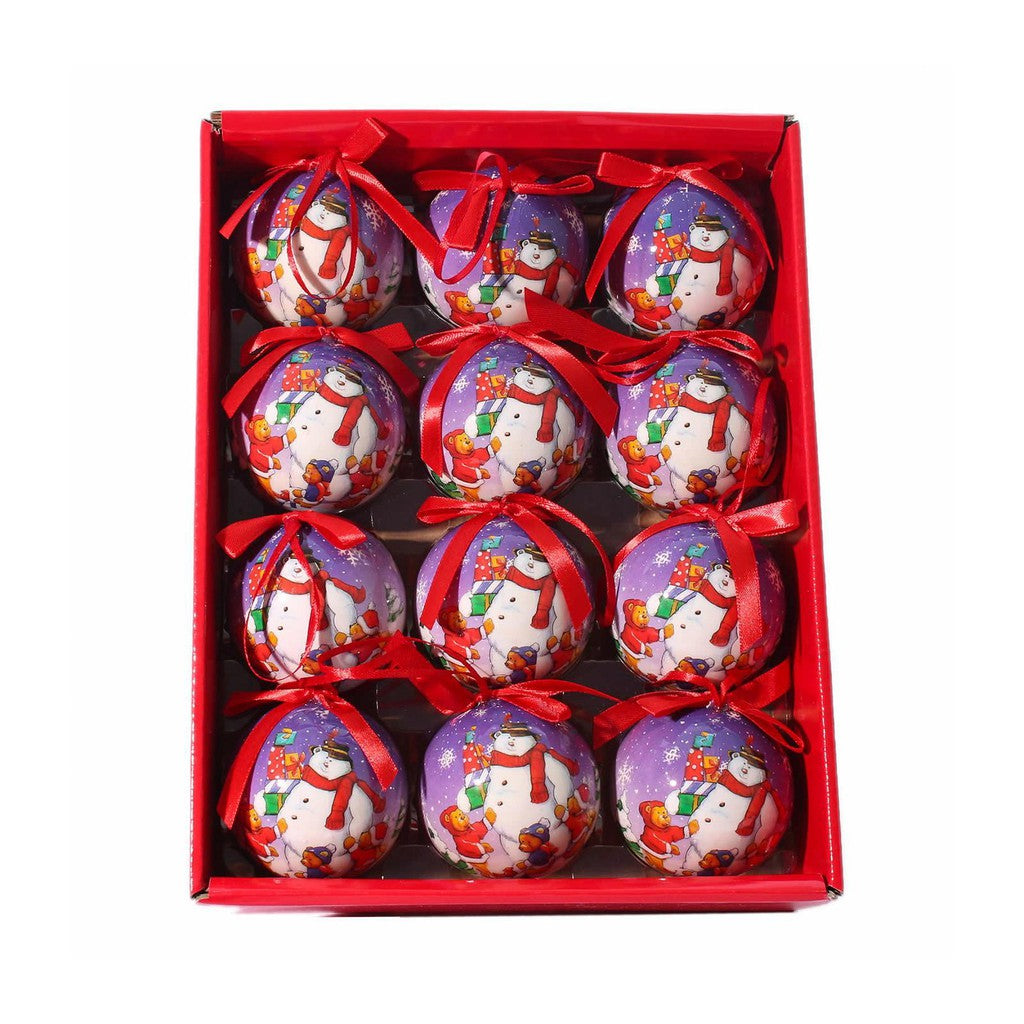 12 PCS 75Mm Full Print Christmas Tree Baubles - Purple Bears and Snowman