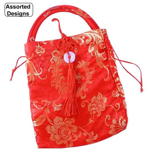 20x30cm Fabric Drawstring Carrier Bag Chinese Motif Satin Embossed - Assorted Prints (Wedding House-Warming Gifts)