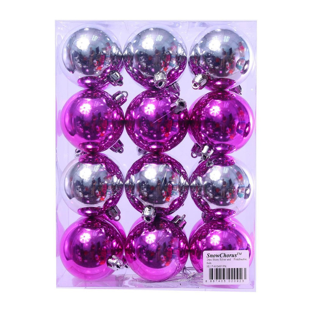 24Pc Shiny  Christmas Bauble 6 cm - Silver & Pink