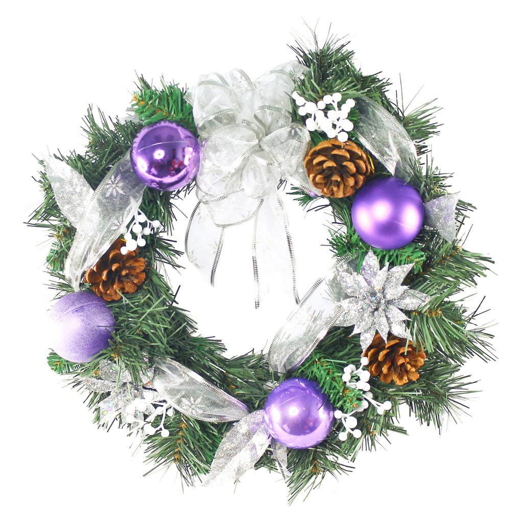 35 CM Christmas Wreath Elegant Ribbons Cones and Fruits - Purple