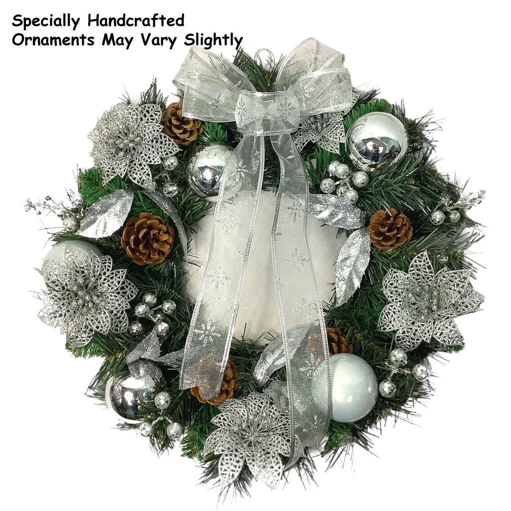 35 CM Christmas Wreath Elegant Ribbons Cones and Fruits - Silver
