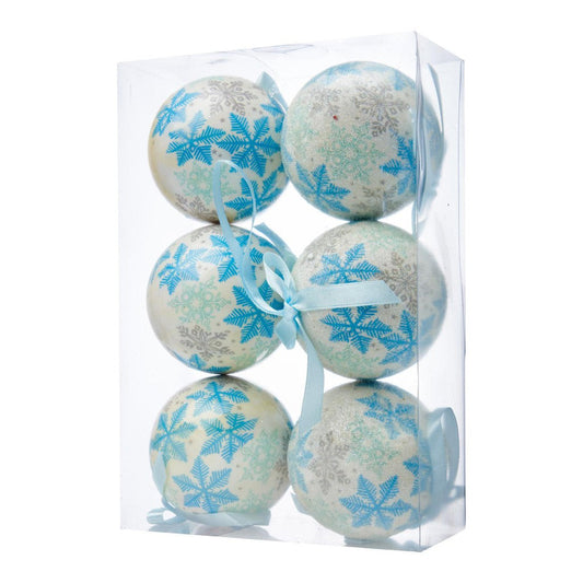 6 Piece 75 MM  Baubles Christmas Tree Decoration - Blue Snowflakes